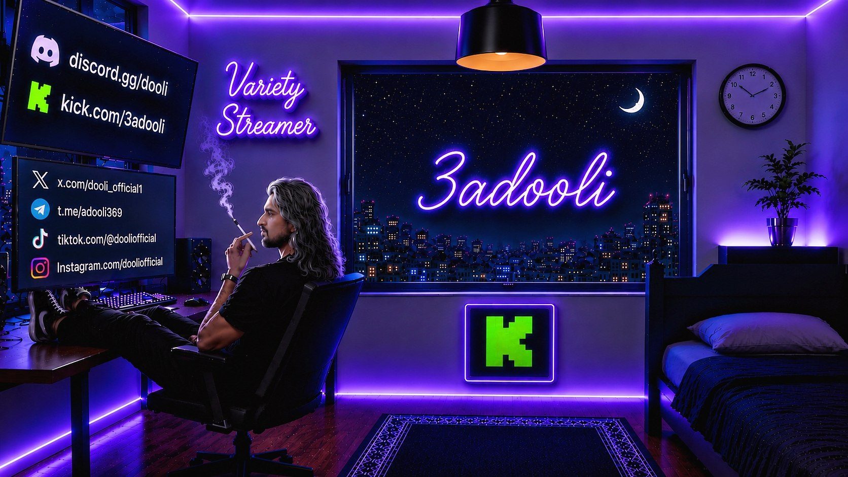 3adooli's neon streaming room at night
